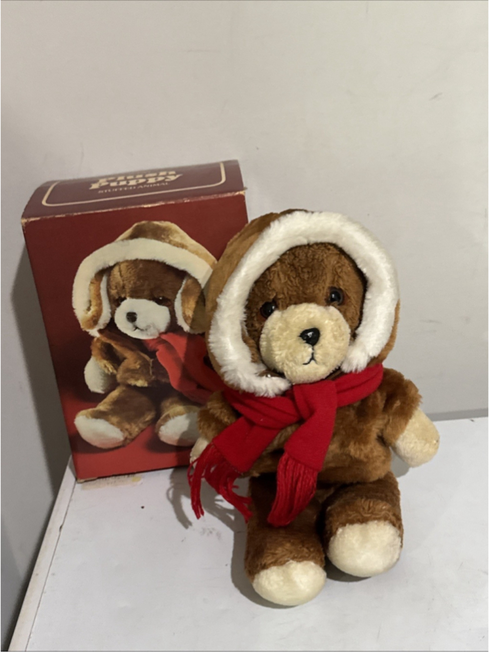 12" VINTAGE AVON BROWN PUPPY DOG WEARING ZIPPER JACKET STUFFED ANIMAL PLUSH TOY